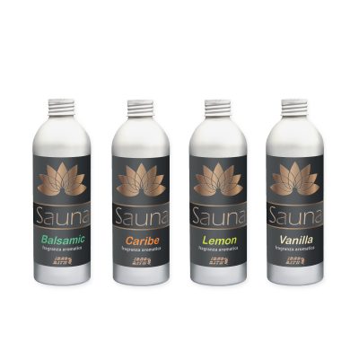 Kit Fragranze Sauna 250 ml x 4 pz (Balsamic, Caribe, Lemon, Vanilla) + Dosatore Graduato